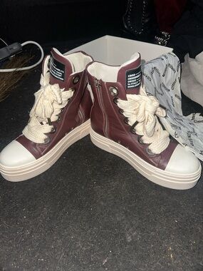 High-Top Platform Sneakers in Burgundy and Cream by